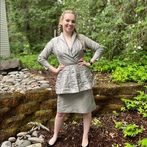 Rare OOAK 40s Designer John Mouber Structured Ruched Silver Dress with Peplum